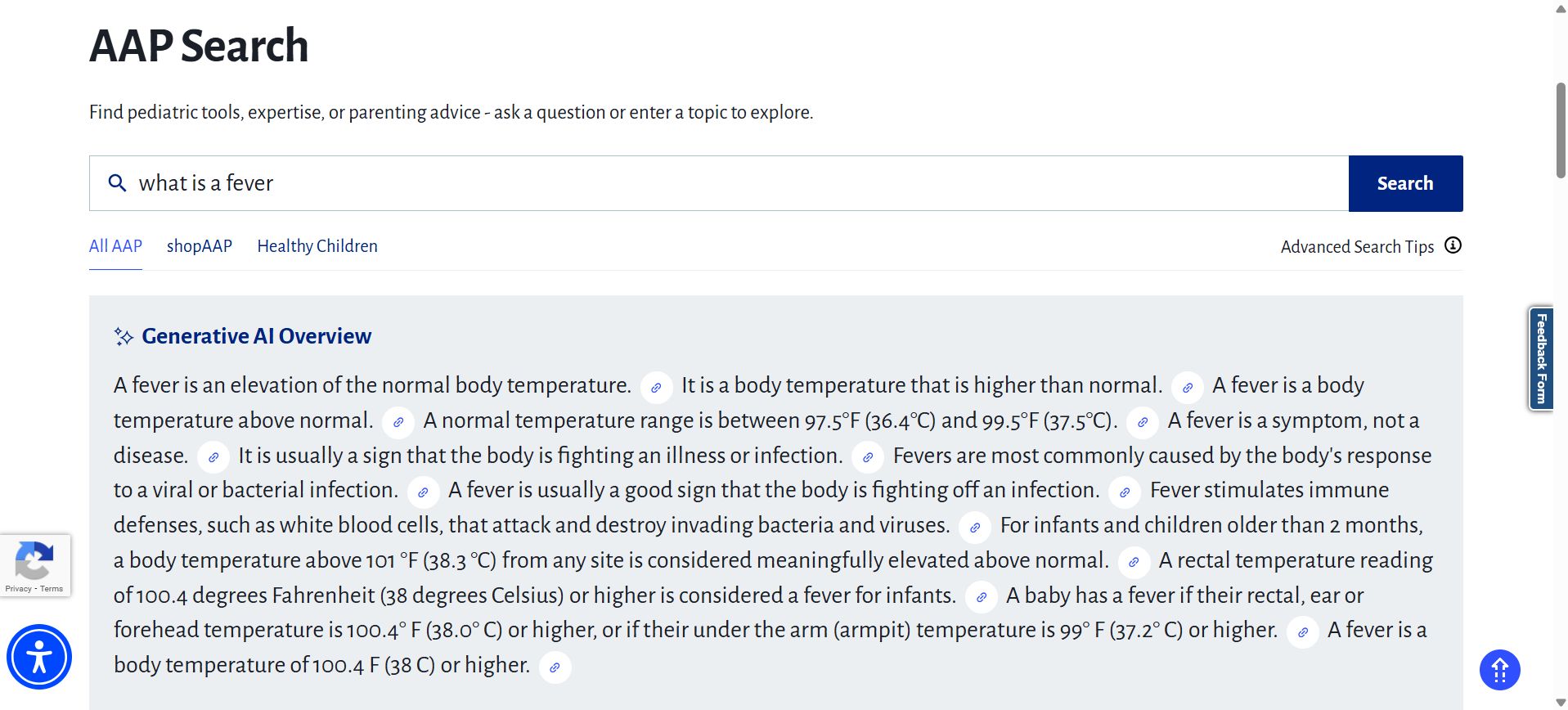 AAP Search interface showing a query for 'what is a fever' with the Generative AI Overview section displaying medical information about fevers