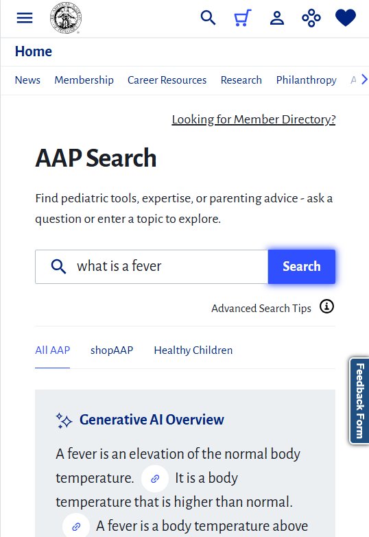Mobile view of AAP Search homepage with search query 'what is a fever' and the Generative AI Overview beginning below