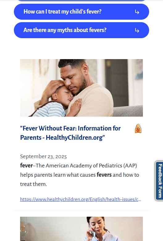 Mobile view of Healthy Children content results showing related question pill buttons at the top and an article preview card below