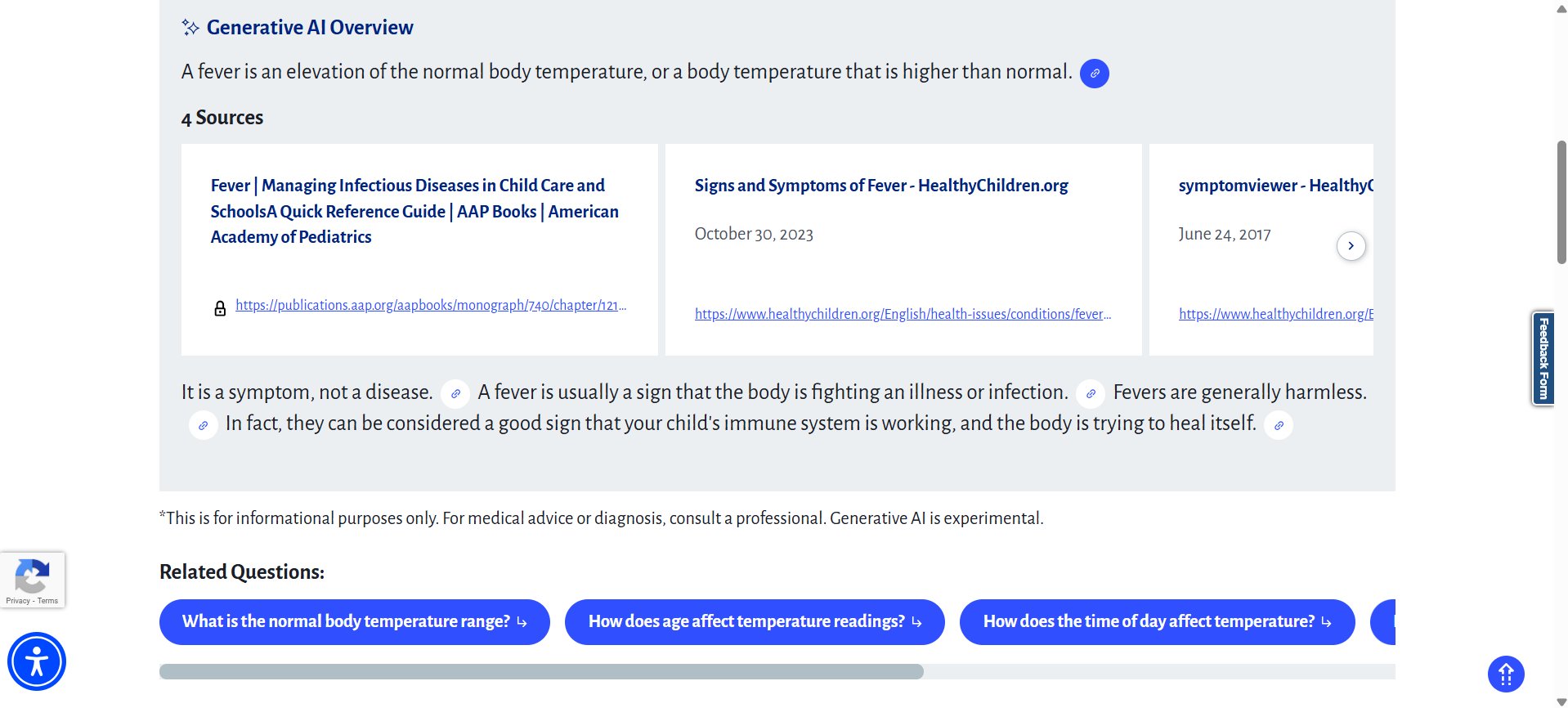 Generative AI Overview expanded view showing the AI summary, four citation source cards with article titles and URLs, and related questions at the bottom