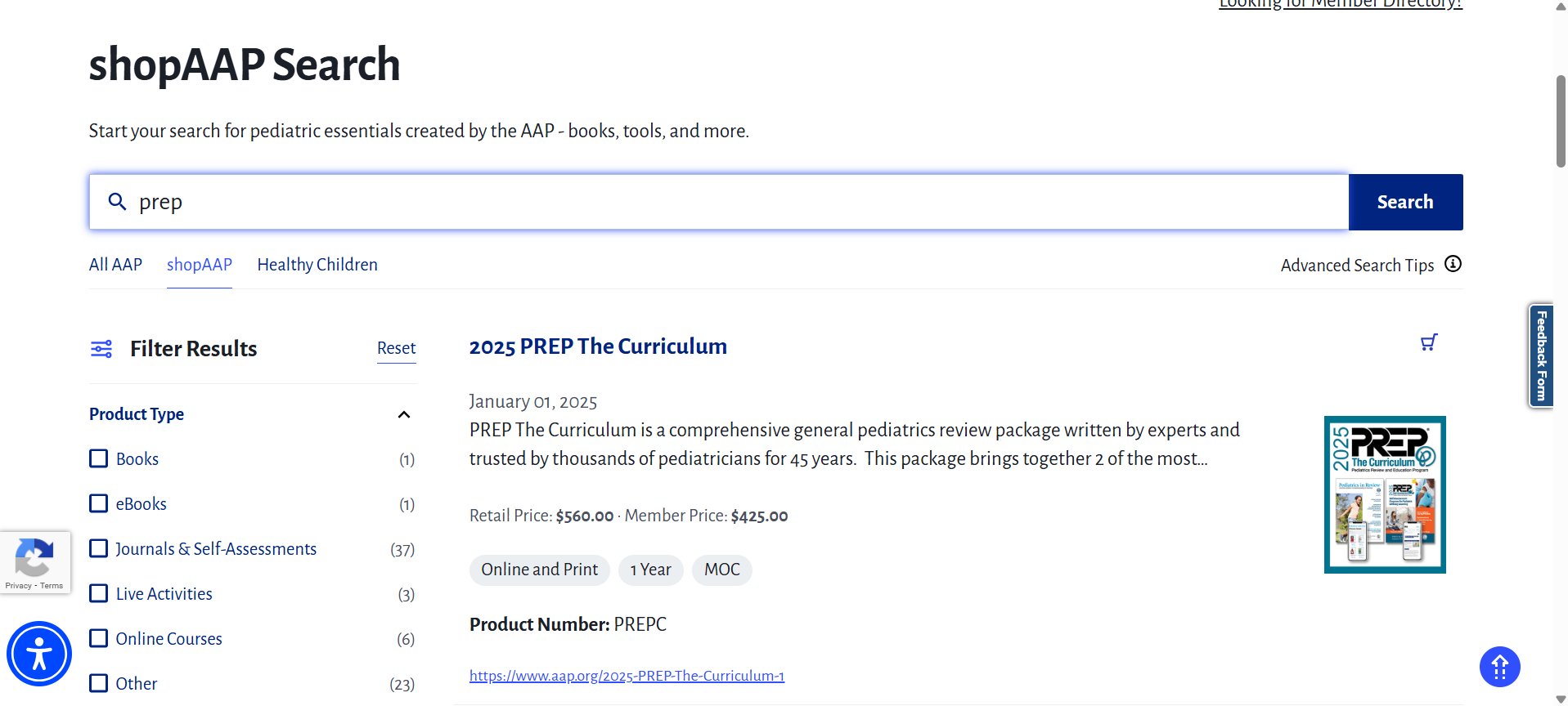 shopAAP search results page showing filter options on the left and a product result for 2025 PREP The Curriculum with pricing details
