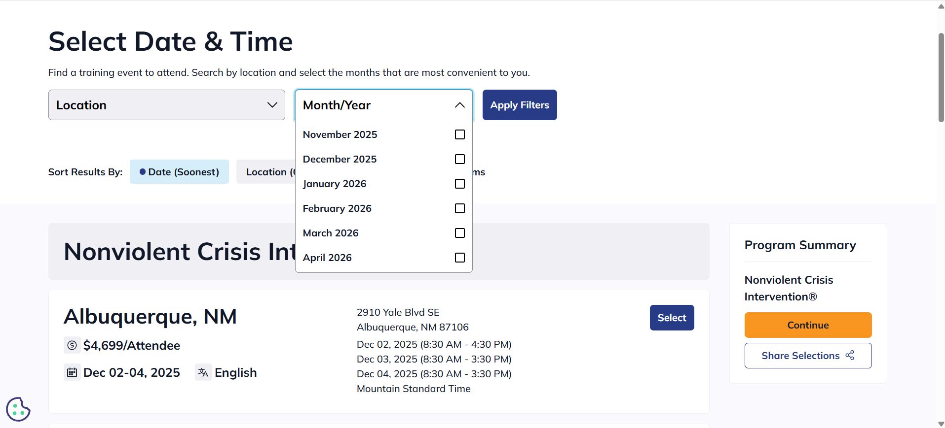 CPI Select Date & Time step with location and month/year filter dropdowns, sort options, and a list of available training programs