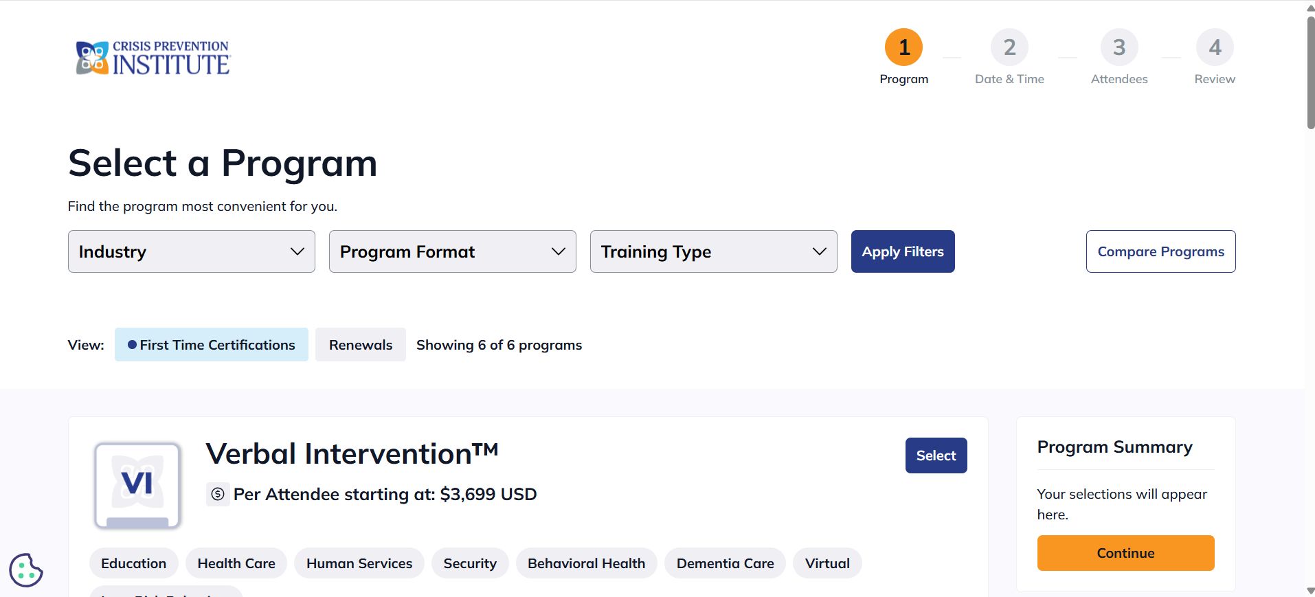 Crisis Prevention Institute event registration interface showing the program selection step with filters for industry, format, and training type; a 4-step progress indicator at the top; and a Program Summary panel on the right
