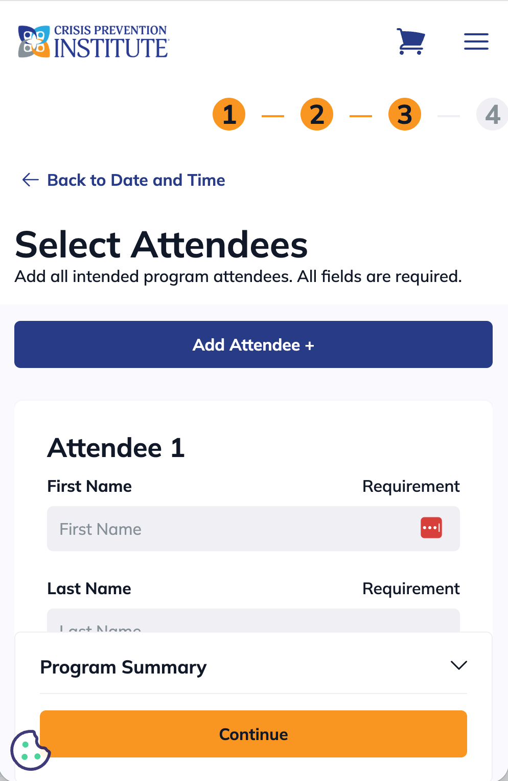 Mobile view of CPI Attendees step with fields for entering registrant names and contact information