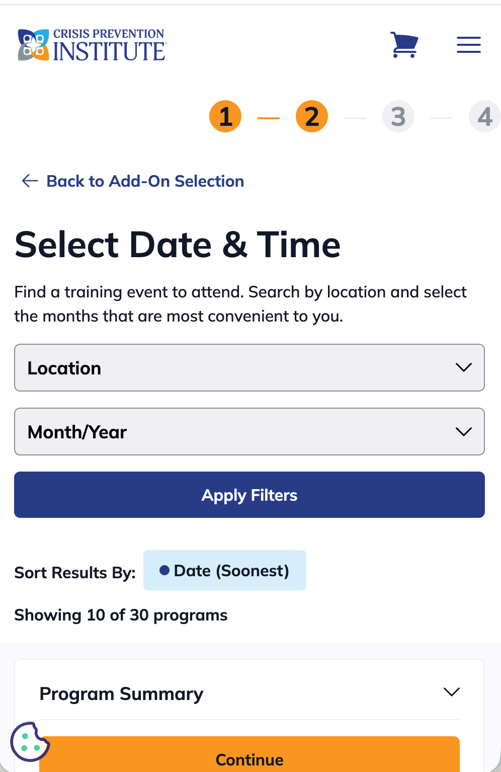 Mobile view of CPI Select Date & Time step showing the 4-step progress indicator, location and month/year filter dropdowns, and sort options