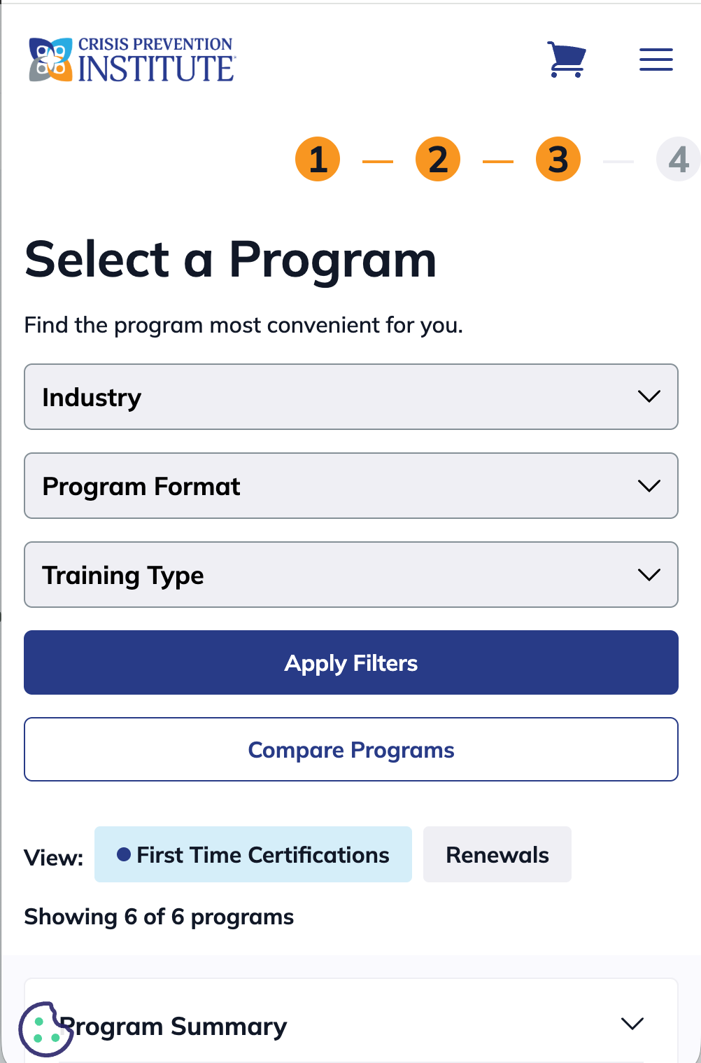 Mobile view of CPI Select Program step with filters for industry, format, and training type, and a list of available programs