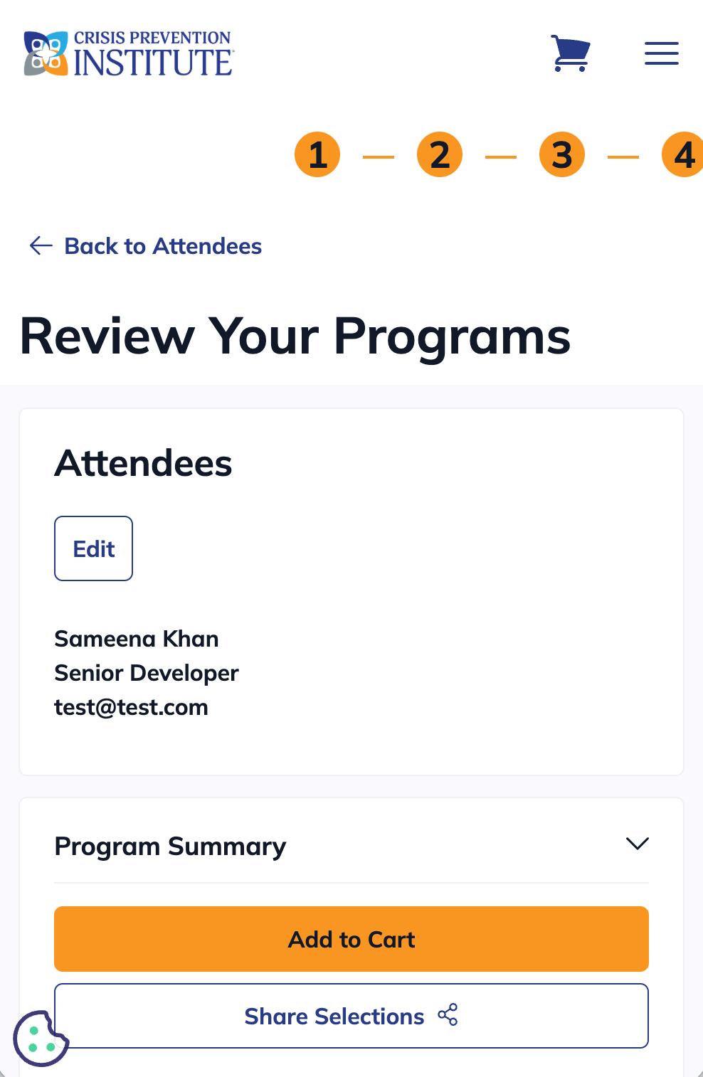 Mobile view of CPI Review step showing the 4-step progress indicator, attendees panel, selected program, and itemized program summary