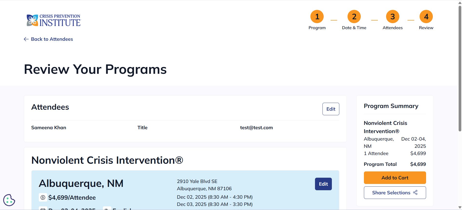 CPI event registration review screen showing the 4-step progress indicator at top (Program, Date & Time, Attendees, Review), an Attendees panel with the registrant's name, the selected Nonviolent Crisis Intervention program, and a Program Summary panel on the right with itemized totals