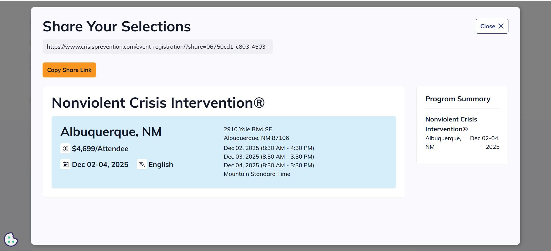 CPI Share Your Selections modal with a copyable share link, the selected program details, and a Program Summary panel